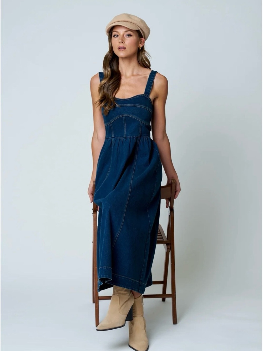 Sleeveless Midi Denim Dress in Dark Blue - Picture 8 of 8